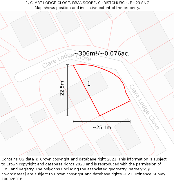 1, CLARE LODGE CLOSE, BRANSGORE, CHRISTCHURCH, BH23 8NG: Plot and title map