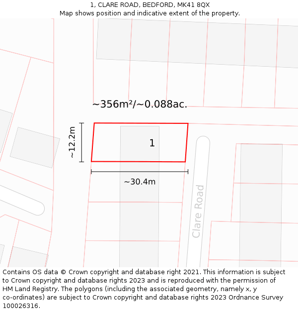 1, CLARE ROAD, BEDFORD, MK41 8QX: Plot and title map