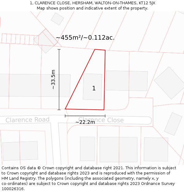 1, CLARENCE CLOSE, HERSHAM, WALTON-ON-THAMES, KT12 5JX: Plot and title map