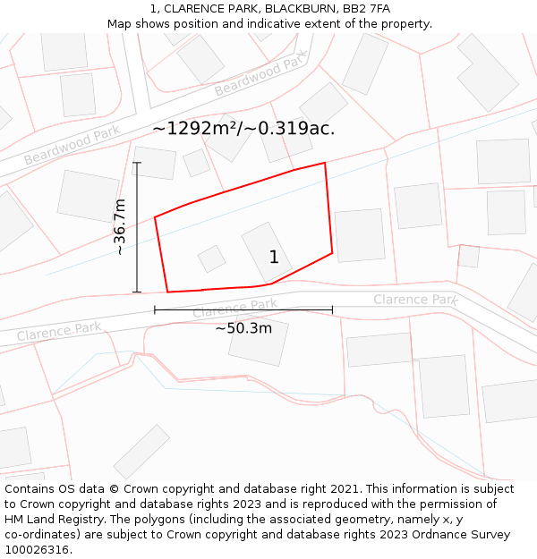 1, CLARENCE PARK, BLACKBURN, BB2 7FA: Plot and title map