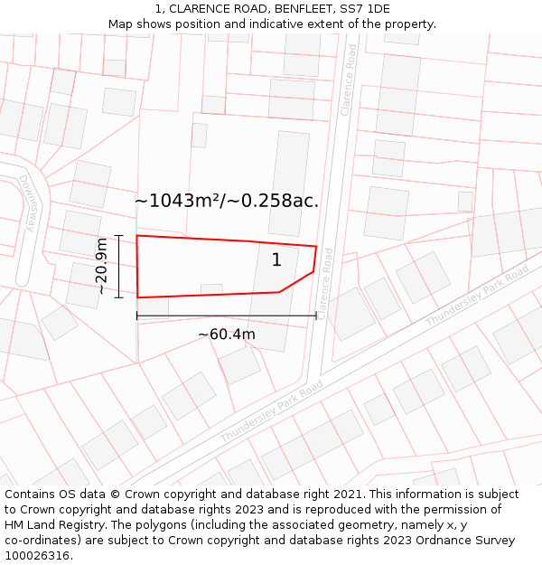 1, CLARENCE ROAD, BENFLEET, SS7 1DE: Plot and title map