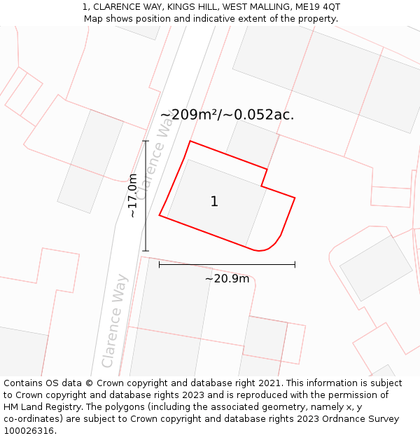 1, CLARENCE WAY, KINGS HILL, WEST MALLING, ME19 4QT: Plot and title map