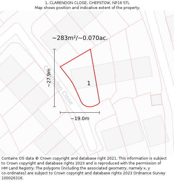 1, CLARENDON CLOSE, CHEPSTOW, NP16 5TL: Plot and title map