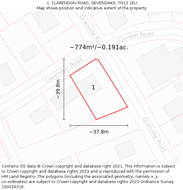 1, CLARENDON ROAD, SEVENOAKS, TN13 1EU: Plot and title map