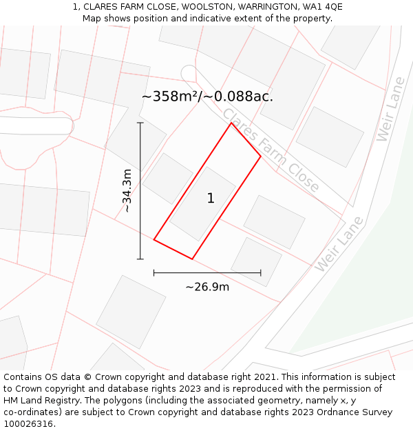 1, CLARES FARM CLOSE, WOOLSTON, WARRINGTON, WA1 4QE: Plot and title map