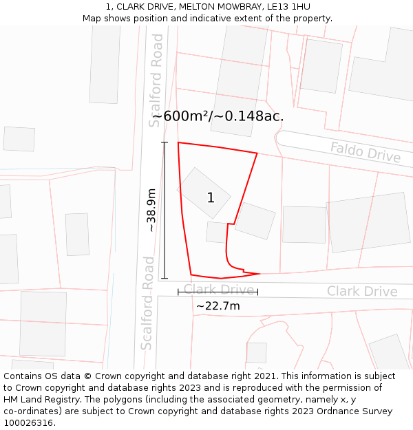 1, CLARK DRIVE, MELTON MOWBRAY, LE13 1HU: Plot and title map