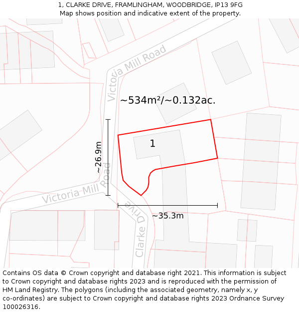 1, CLARKE DRIVE, FRAMLINGHAM, WOODBRIDGE, IP13 9FG: Plot and title map