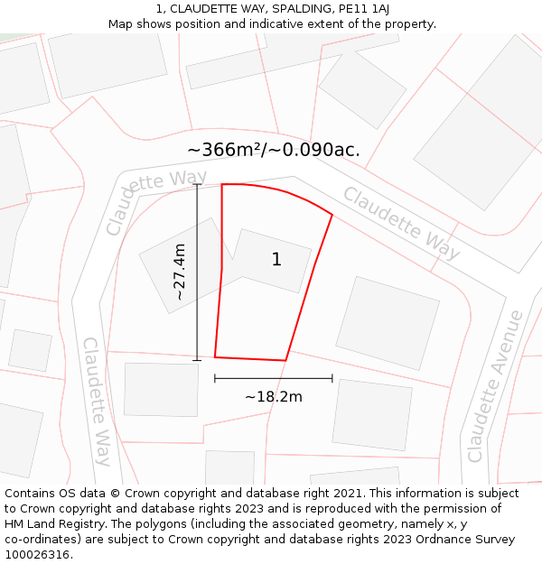 1, CLAUDETTE WAY, SPALDING, PE11 1AJ: Plot and title map