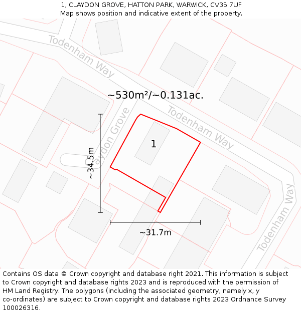 1, CLAYDON GROVE, HATTON PARK, WARWICK, CV35 7UF: Plot and title map