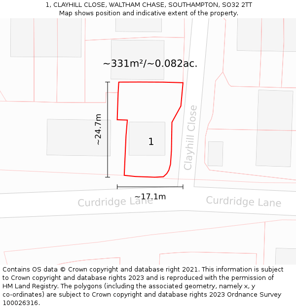 1, CLAYHILL CLOSE, WALTHAM CHASE, SOUTHAMPTON, SO32 2TT: Plot and title map