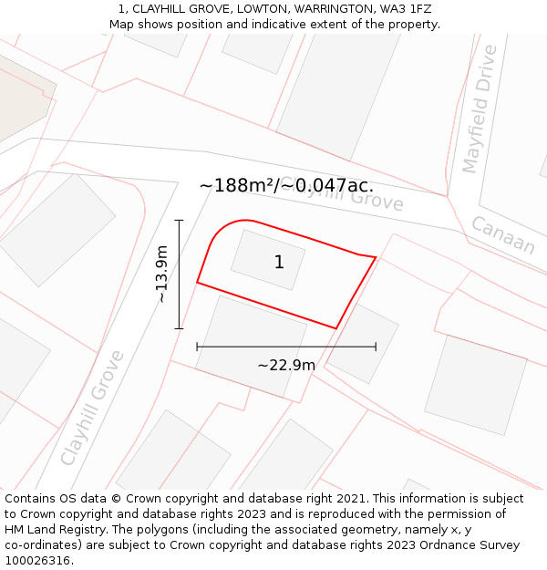 1, CLAYHILL GROVE, LOWTON, WARRINGTON, WA3 1FZ: Plot and title map