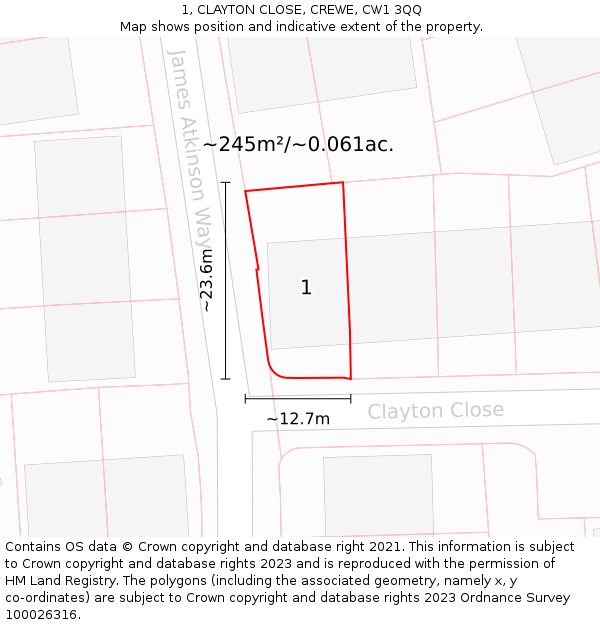 1, CLAYTON CLOSE, CREWE, CW1 3QQ: Plot and title map