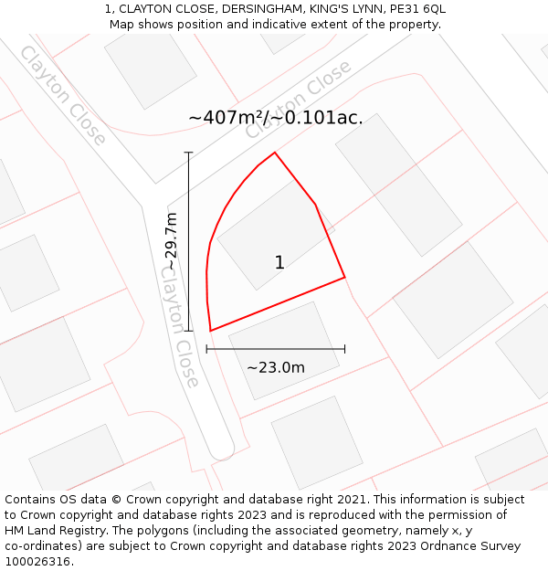 1, CLAYTON CLOSE, DERSINGHAM, KING'S LYNN, PE31 6QL: Plot and title map