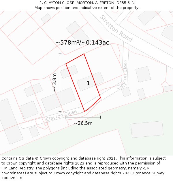 1, CLAYTON CLOSE, MORTON, ALFRETON, DE55 6LN: Plot and title map