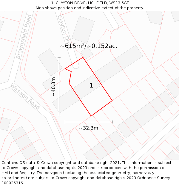 1, CLAYTON DRIVE, LICHFIELD, WS13 6GE: Plot and title map