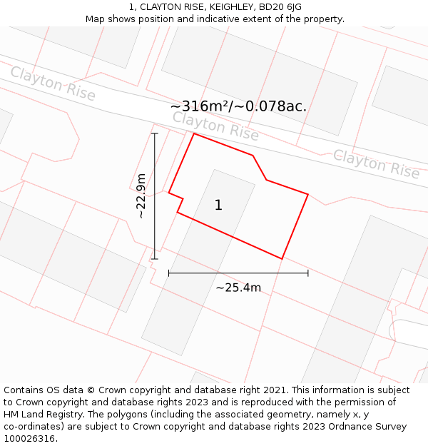 1, CLAYTON RISE, KEIGHLEY, BD20 6JG: Plot and title map
