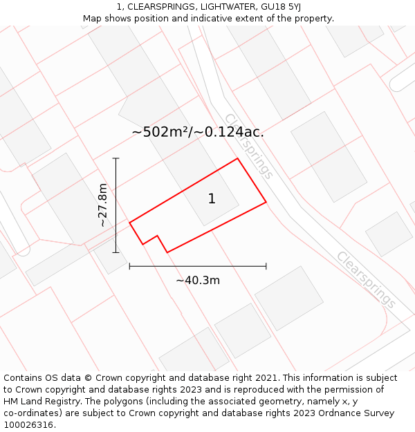 1, CLEARSPRINGS, LIGHTWATER, GU18 5YJ: Plot and title map