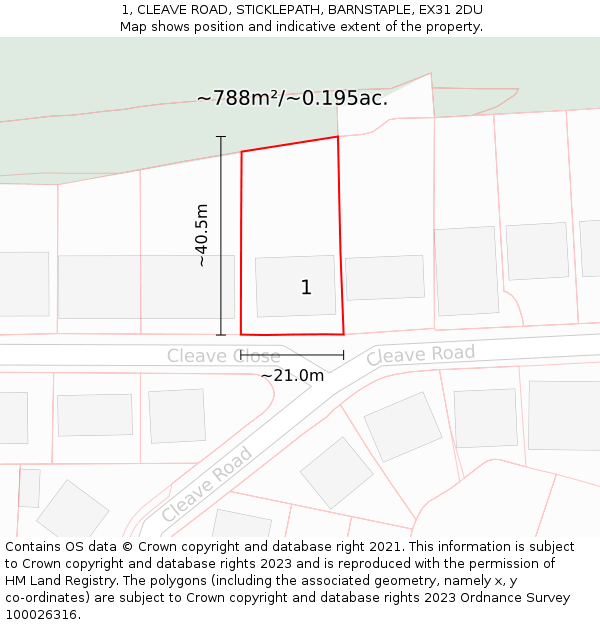 1, CLEAVE ROAD, STICKLEPATH, BARNSTAPLE, EX31 2DU: Plot and title map