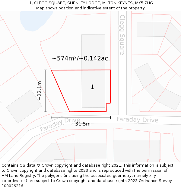 1, CLEGG SQUARE, SHENLEY LODGE, MILTON KEYNES, MK5 7HG: Plot and title map