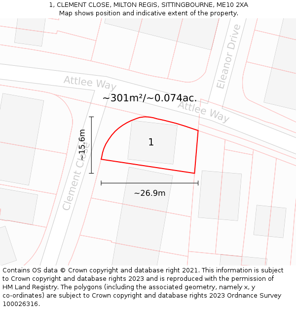 1, CLEMENT CLOSE, MILTON REGIS, SITTINGBOURNE, ME10 2XA: Plot and title map