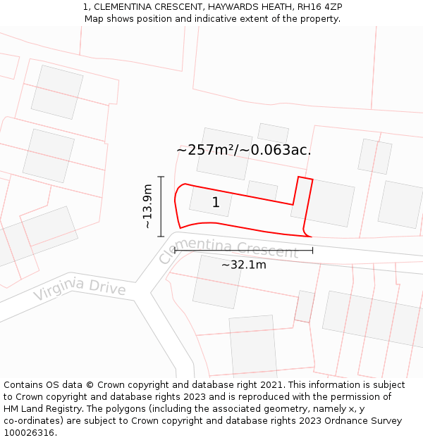 1, CLEMENTINA CRESCENT, HAYWARDS HEATH, RH16 4ZP: Plot and title map