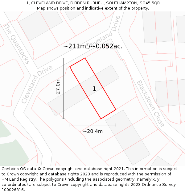 1, CLEVELAND DRIVE, DIBDEN PURLIEU, SOUTHAMPTON, SO45 5QR: Plot and title map