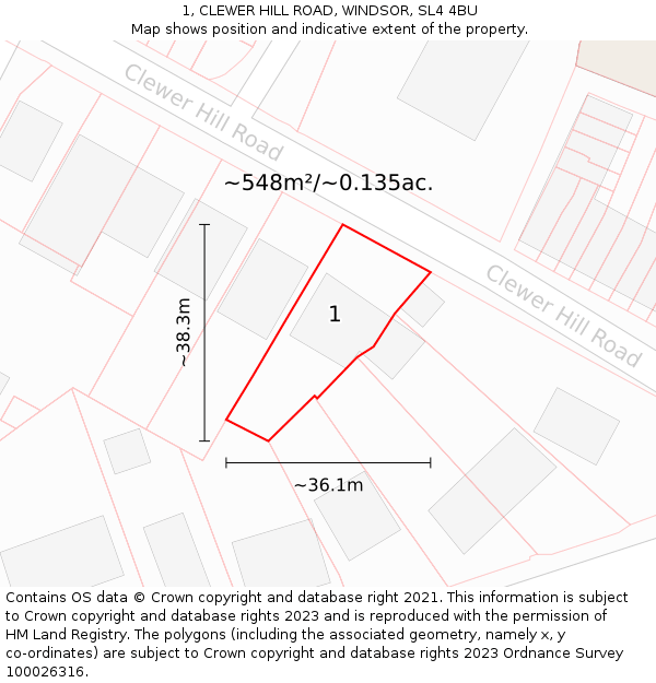 1, CLEWER HILL ROAD, WINDSOR, SL4 4BU: Plot and title map