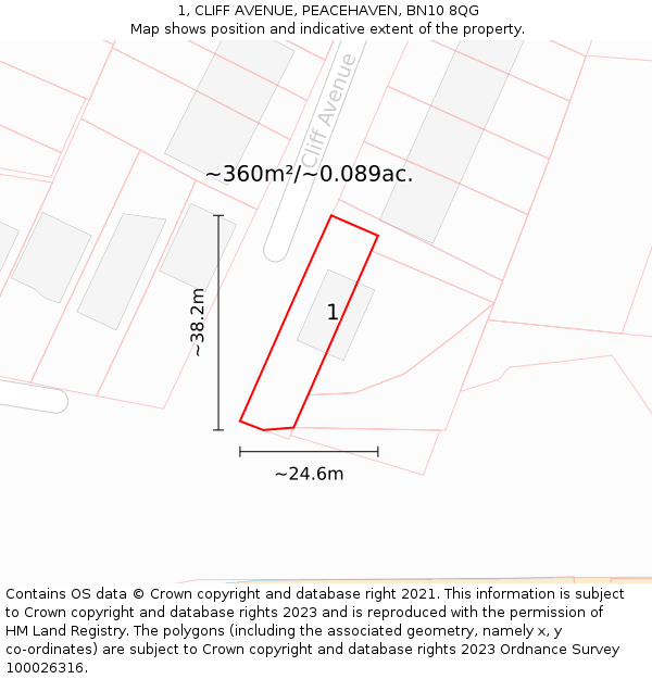 1, CLIFF AVENUE, PEACEHAVEN, BN10 8QG: Plot and title map