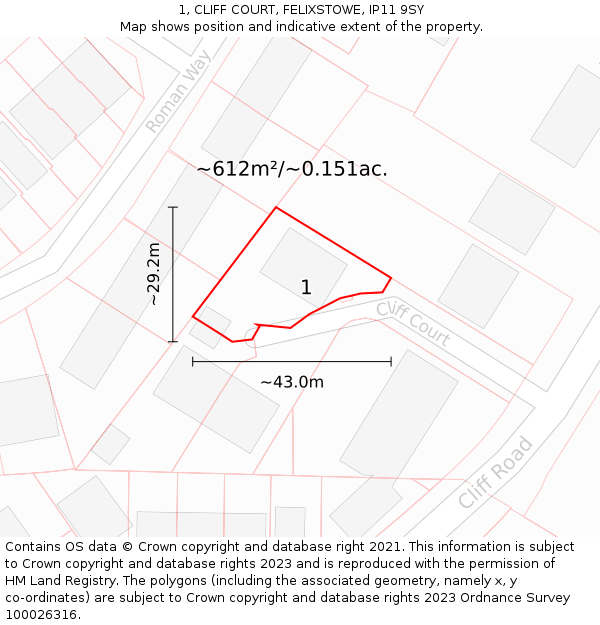 1, CLIFF COURT, FELIXSTOWE, IP11 9SY: Plot and title map