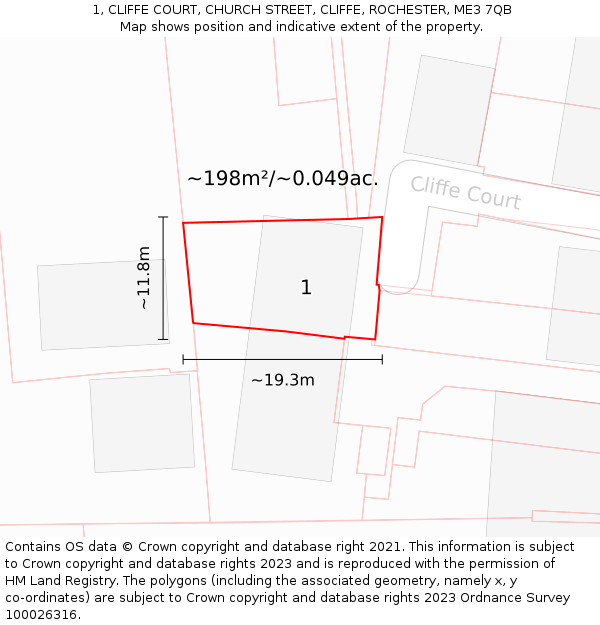 1, CLIFFE COURT, CHURCH STREET, CLIFFE, ROCHESTER, ME3 7QB: Plot and title map