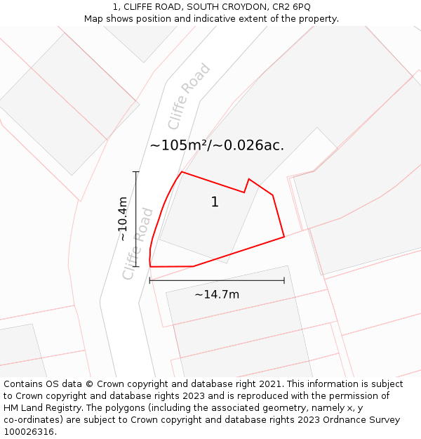 1, CLIFFE ROAD, SOUTH CROYDON, CR2 6PQ: Plot and title map