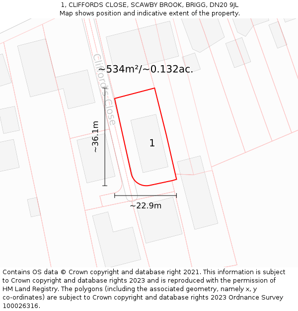 1, CLIFFORDS CLOSE, SCAWBY BROOK, BRIGG, DN20 9JL: Plot and title map