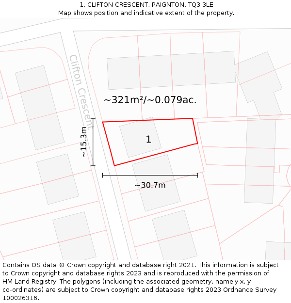 1, CLIFTON CRESCENT, PAIGNTON, TQ3 3LE: Plot and title map