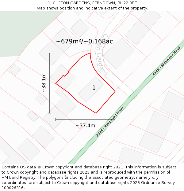 1, CLIFTON GARDENS, FERNDOWN, BH22 9BE: Plot and title map