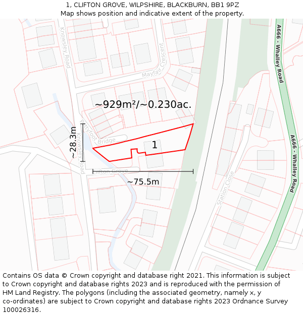 1, CLIFTON GROVE, WILPSHIRE, BLACKBURN, BB1 9PZ: Plot and title map