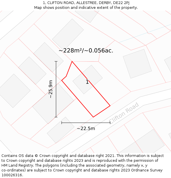 1, CLIFTON ROAD, ALLESTREE, DERBY, DE22 2PJ: Plot and title map