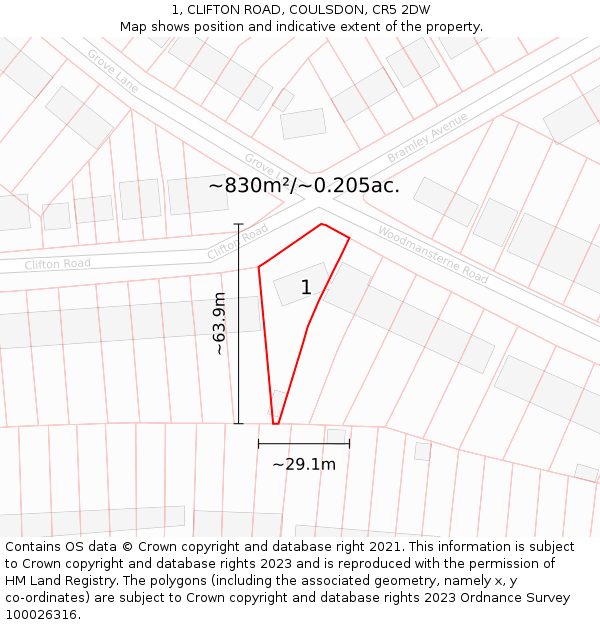 1, CLIFTON ROAD, COULSDON, CR5 2DW: Plot and title map