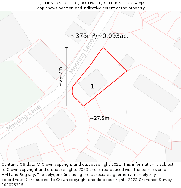 1, CLIPSTONE COURT, ROTHWELL, KETTERING, NN14 6JX: Plot and title map