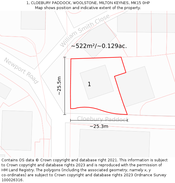 1, CLOEBURY PADDOCK, WOOLSTONE, MILTON KEYNES, MK15 0HP: Plot and title map