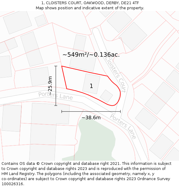 1, CLOISTERS COURT, OAKWOOD, DERBY, DE21 4TF: Plot and title map