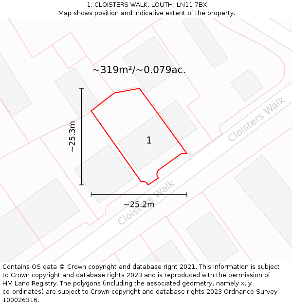 1, CLOISTERS WALK, LOUTH, LN11 7BX: Plot and title map