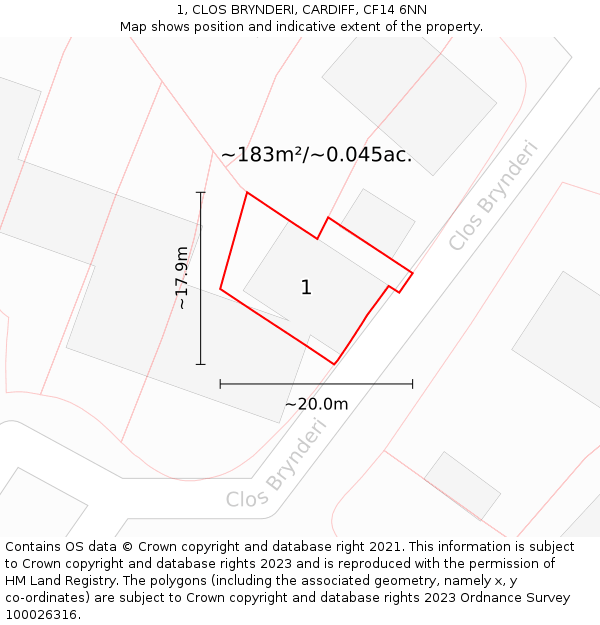 1, CLOS BRYNDERI, CARDIFF, CF14 6NN: Plot and title map