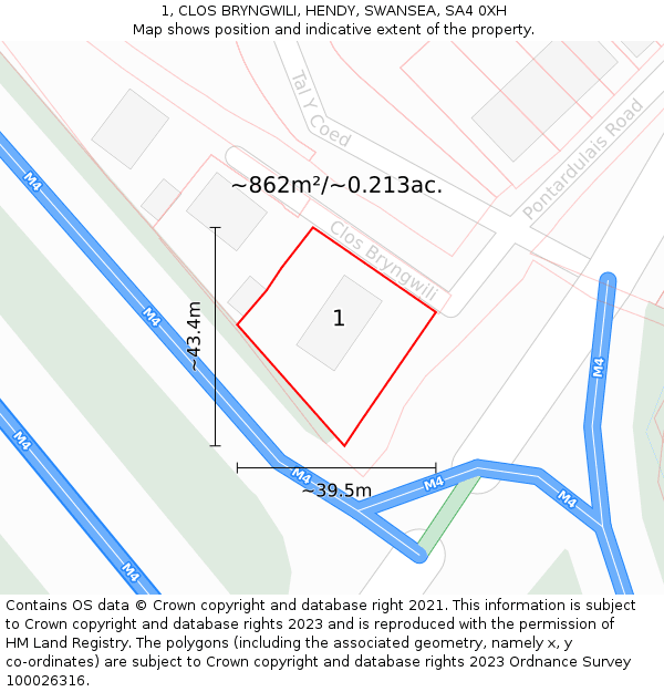 1, CLOS BRYNGWILI, HENDY, SWANSEA, SA4 0XH: Plot and title map
