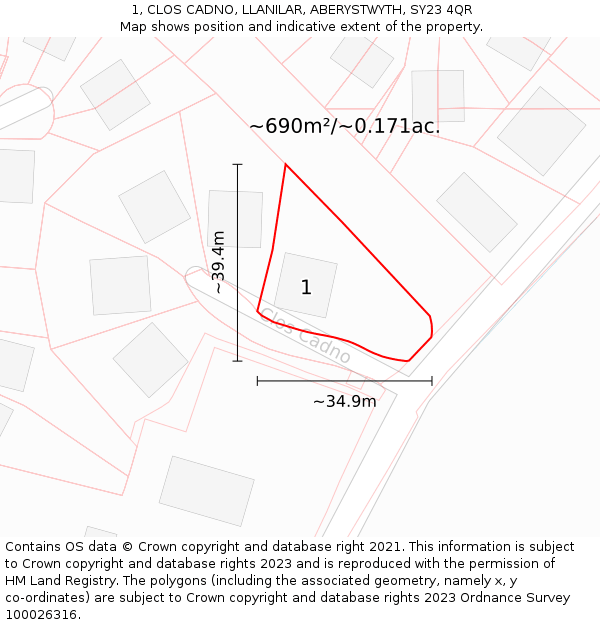 1, CLOS CADNO, LLANILAR, ABERYSTWYTH, SY23 4QR: Plot and title map