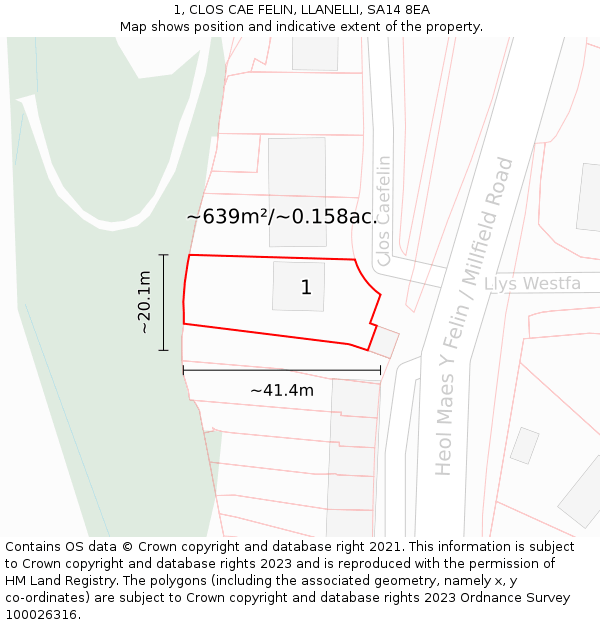 1, CLOS CAE FELIN, LLANELLI, SA14 8EA: Plot and title map