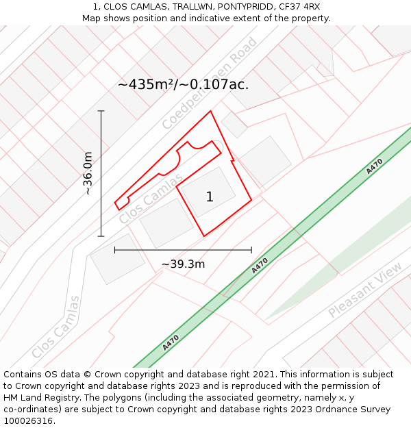 1, CLOS CAMLAS, TRALLWN, PONTYPRIDD, CF37 4RX: Plot and title map