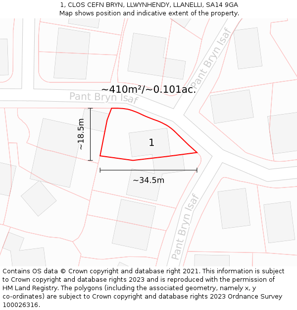 1, CLOS CEFN BRYN, LLWYNHENDY, LLANELLI, SA14 9GA: Plot and title map