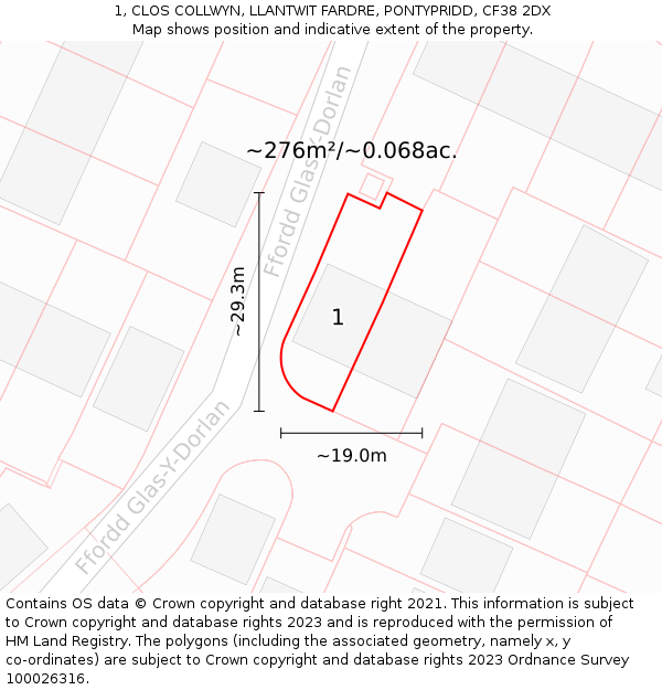 1, CLOS COLLWYN, LLANTWIT FARDRE, PONTYPRIDD, CF38 2DX: Plot and title map