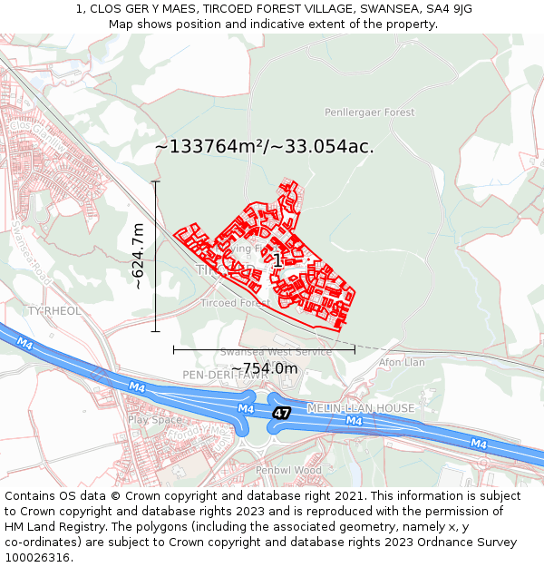 1, CLOS GER Y MAES, TIRCOED FOREST VILLAGE, SWANSEA, SA4 9JG: Plot and title map