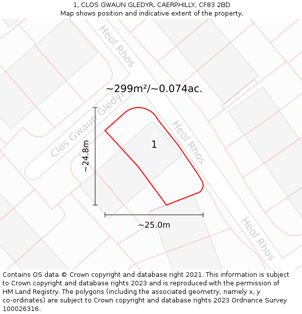 1, CLOS GWAUN GLEDYR, CAERPHILLY, CF83 2BD: Plot and title map